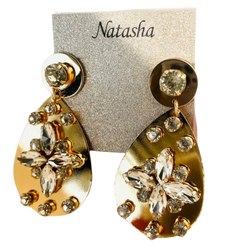 Gold Crystal Drop Earrings with Floral Design