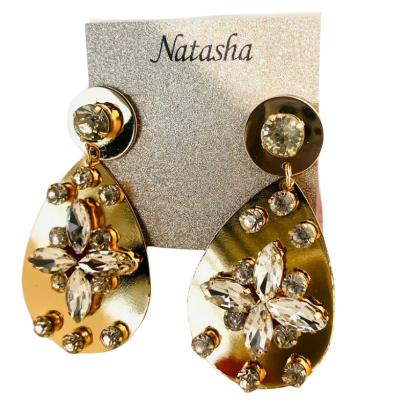 Gold Crystal Drop Earrings with Floral Design