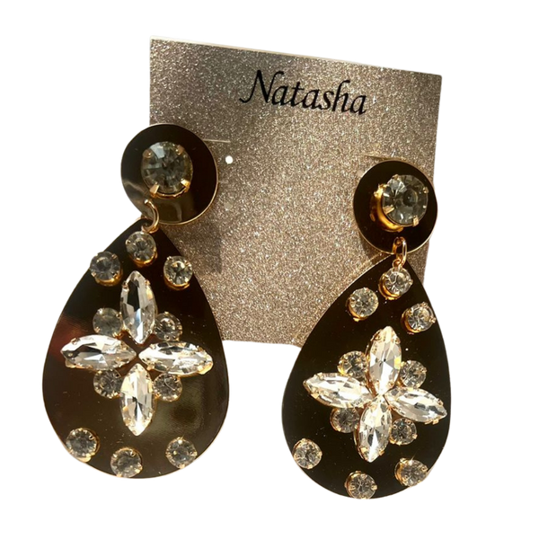 Gold Crystal Drop Earrings with Floral Design