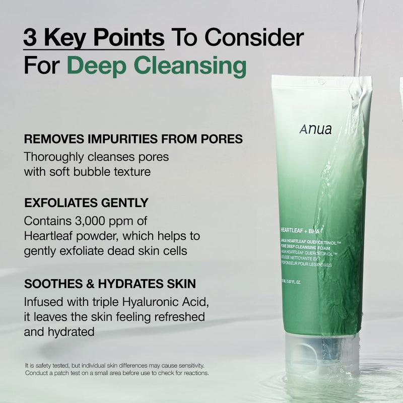 ANUA Heartleaf Quercetinol Pore Deep Cleansing Foam, Facial Cleanser, for Double Cleansing, BHA, Hyaluronic Acid, Glycerin, Face Wash, Blackhead Remover, Korean Skincare