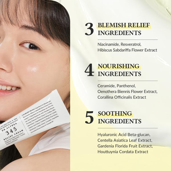 Dr.Althea 345 Relief Cream, Daily Face Moisturizer, Blemish Relief Care, Soothing Recovery & Moisture, Korean Vegan Skin Care for All Skin Types