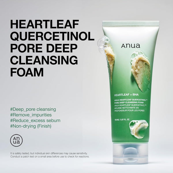 ANUA Heartleaf Quercetinol Pore Deep Cleansing Foam, Facial Cleanser, for Double Cleansing, BHA, Hyaluronic Acid, Glycerin, Face Wash, Blackhead Remover, Korean Skincare